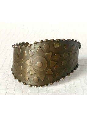 Vintage Brass Cuff Bracelet With Sunburst & Dot Embossed Design Aged Patina